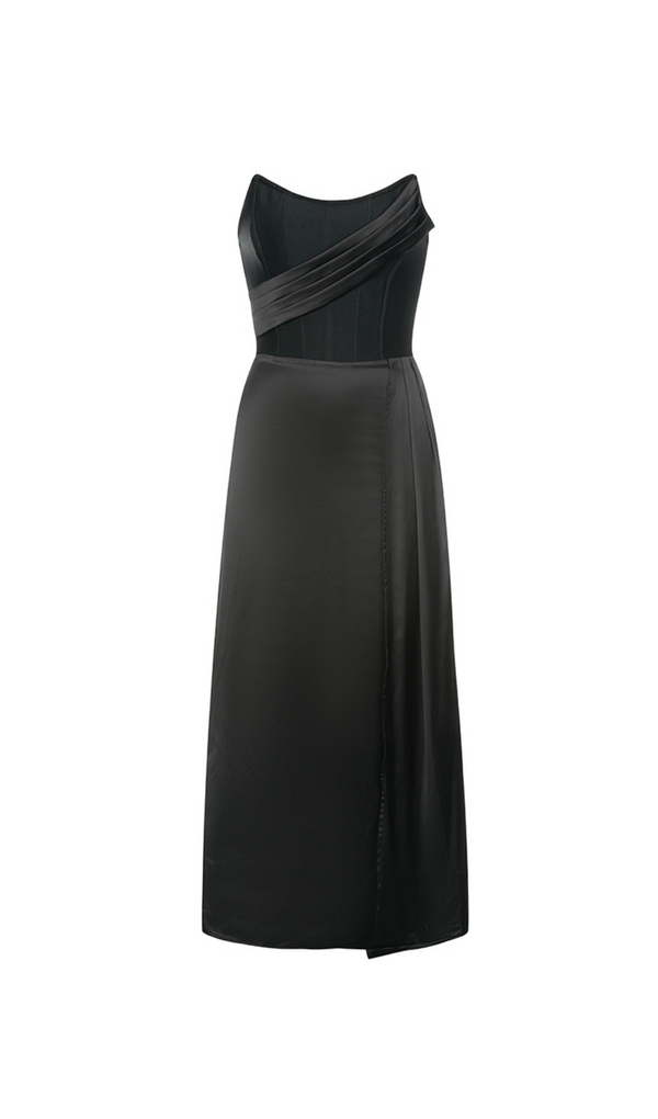 RUCHED BUST MIDI DRESS IN BLACK