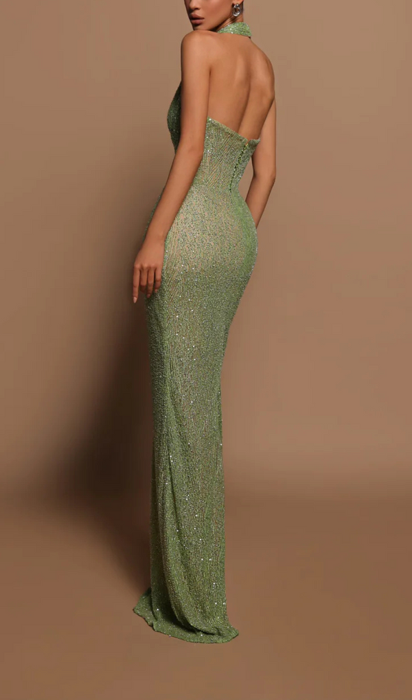 LIGHT GREEN HALTER SLEEVELESS MERMAID GOWN WITH SEQUINS