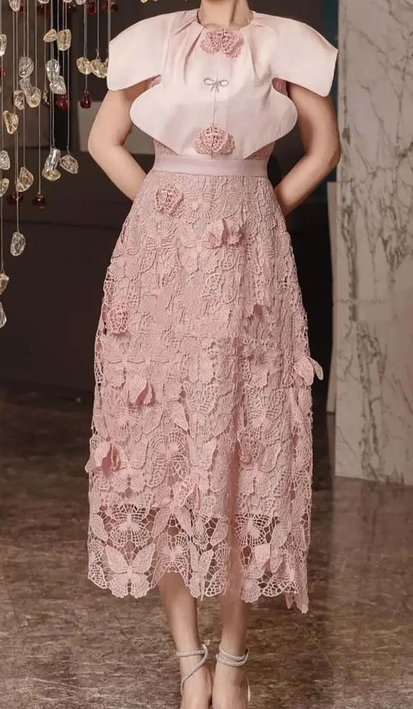 BUTTERFLY EMBROIDERY CLOAK SLEEVE MIDI DRESS IN PINK