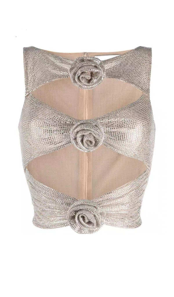 EMBELLISHED CUT OUT 3D FLOWER SUIT IN METALLIC SILVER