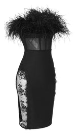 LACE FEATHER  DRESS IN BLACK