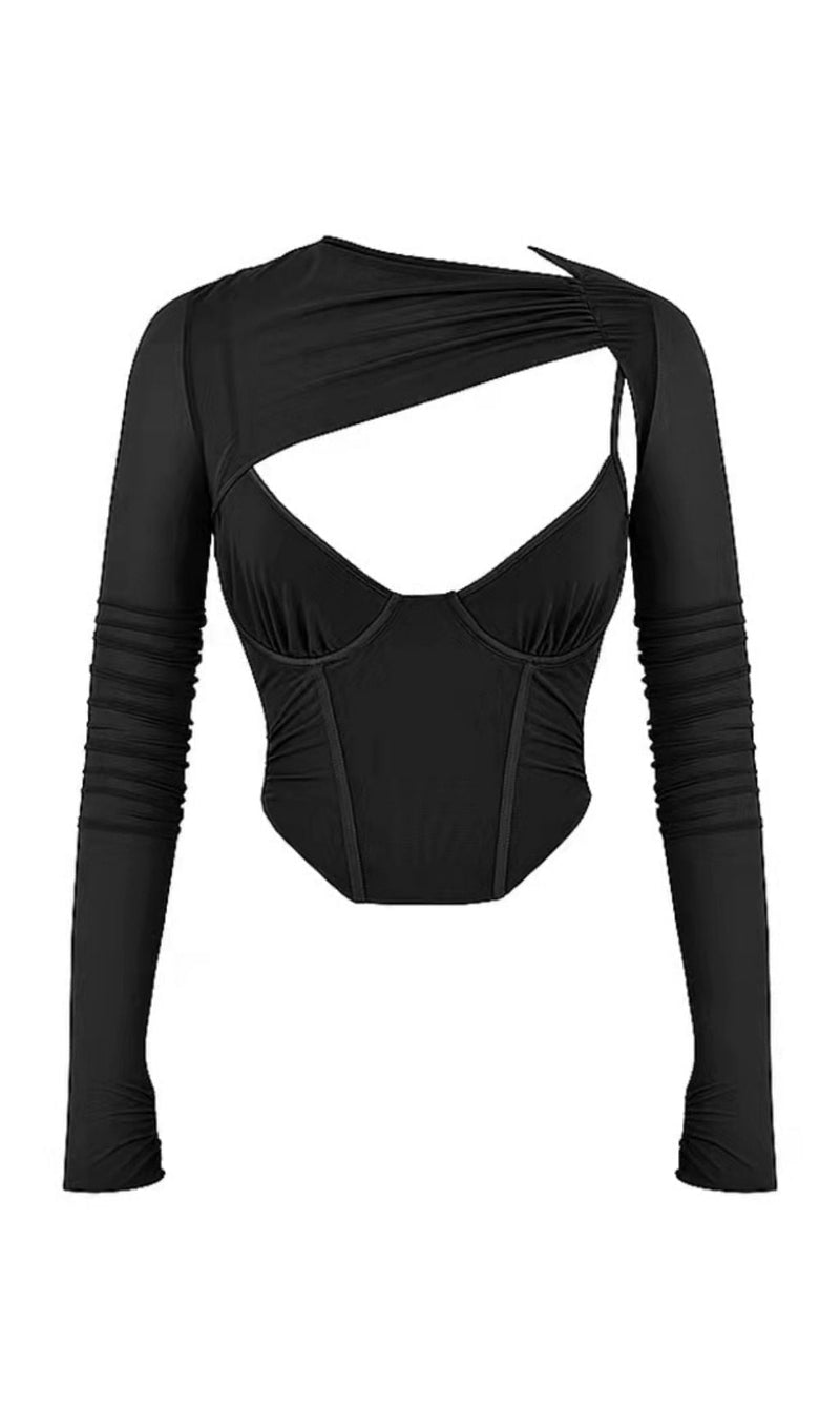 Ruched long-sleeve corset top, Champagne