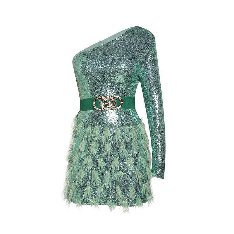 ONE-SHOULDER LONG-SLEEVE MINI DRESS WITH FEATHER SEQUINS