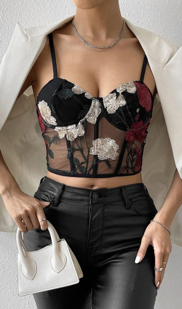 EMBROIDERED FLOWERS CORSET TOP IN BLACK