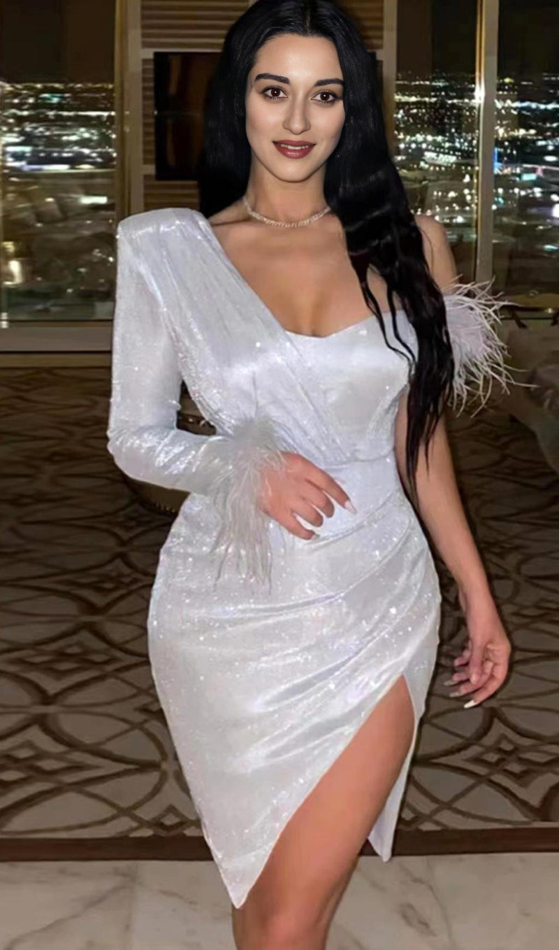 LONG SLEEVE SEQUIN FEATHER MINI DRESS IN SILVER