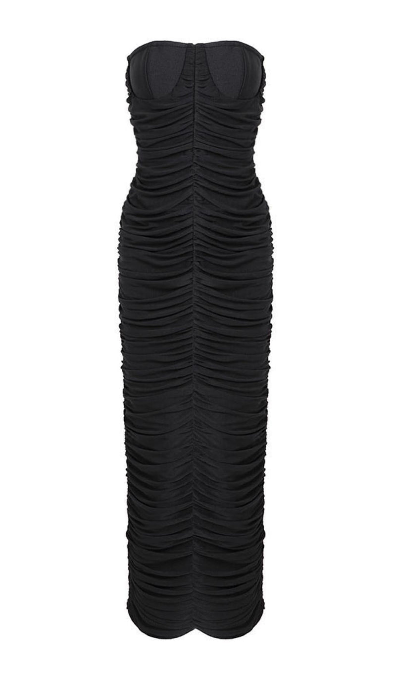 RUCHED  STRAPLESS MIDI DRESS IN BLACK