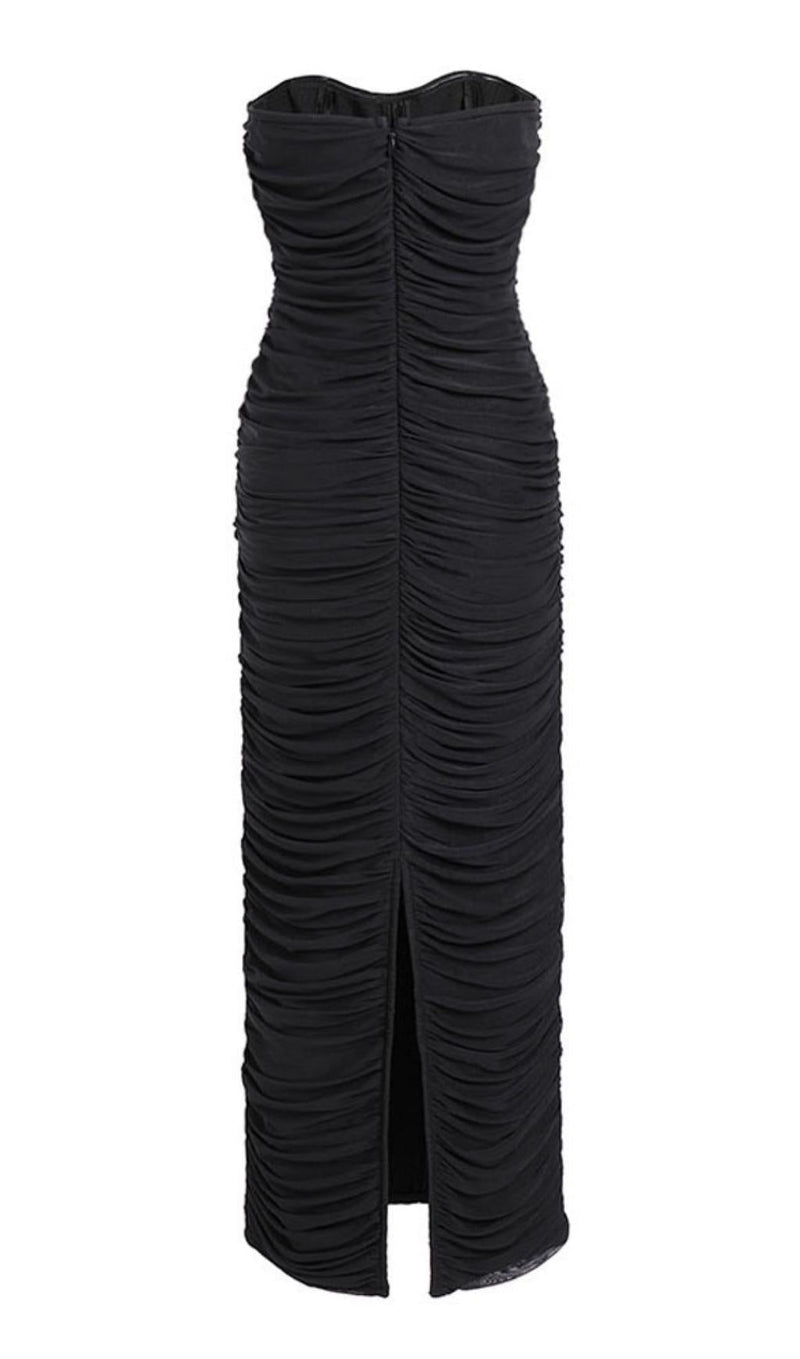 RUCHED  STRAPLESS MIDI DRESS IN BLACK