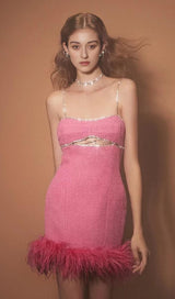 CUT OUT CRYSTAL FEATHER MINI DRESS IN HOT PINK