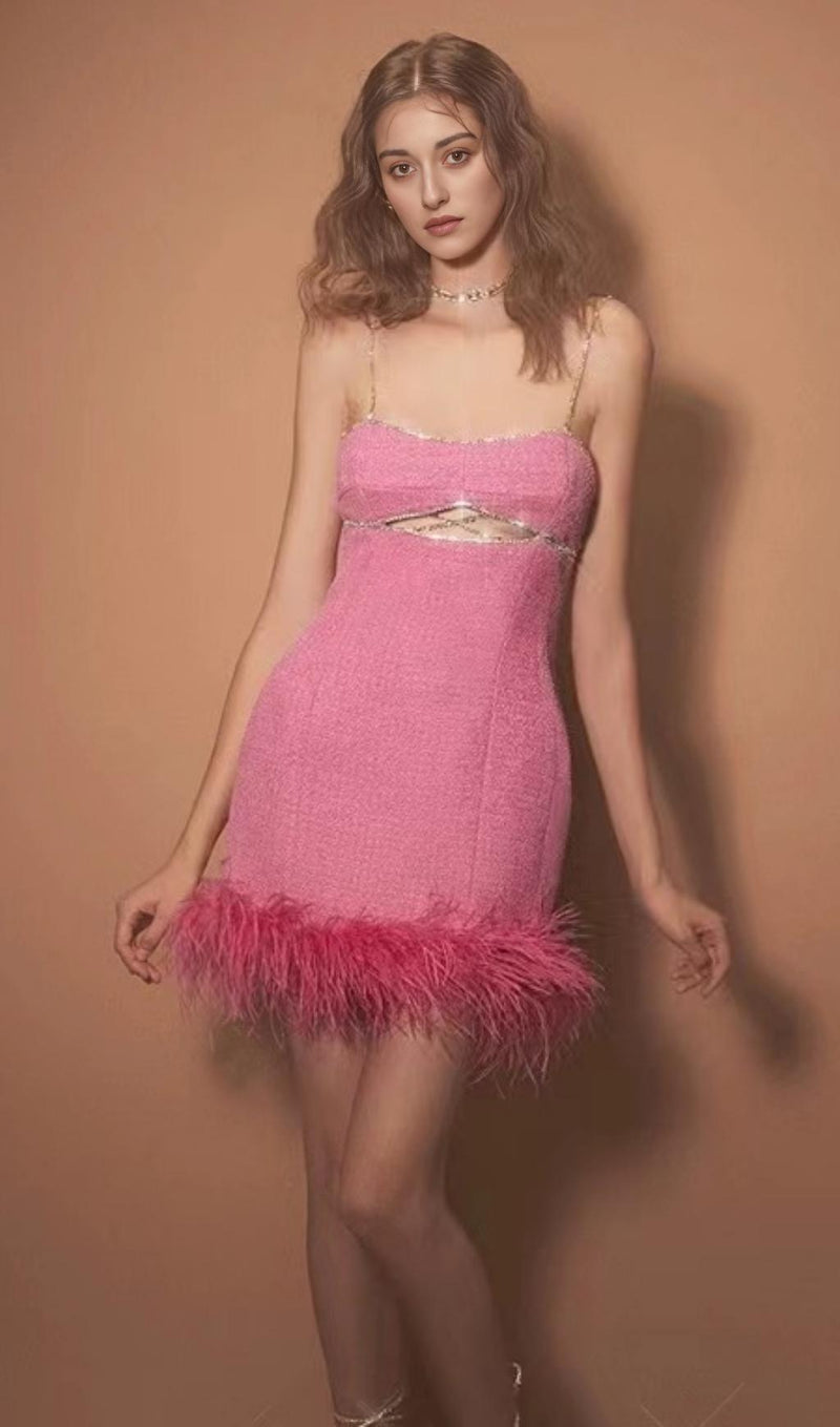CUT OUT CRYSTAL FEATHER MINI DRESS IN HOT PINK