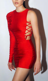 ONE SHOULDER RUCHED MINI DRESS IN RED