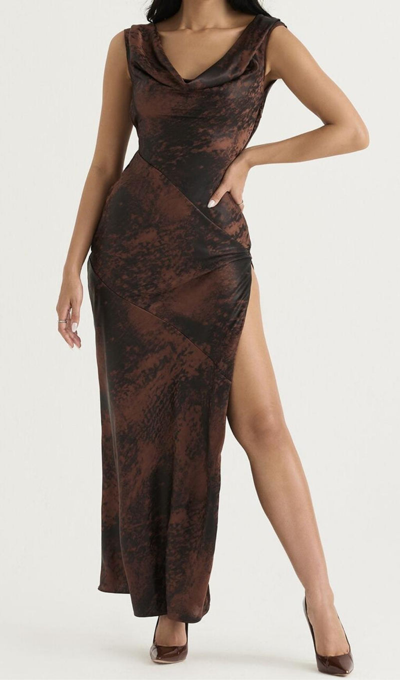 STRAPLESS RUCHED MAXI DRESS IN ANTIQUE COPPER