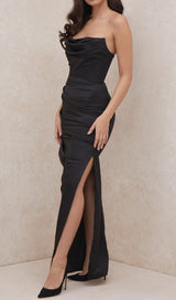 STRAPLESS BODYCON RUCHED MAXI DRESS
