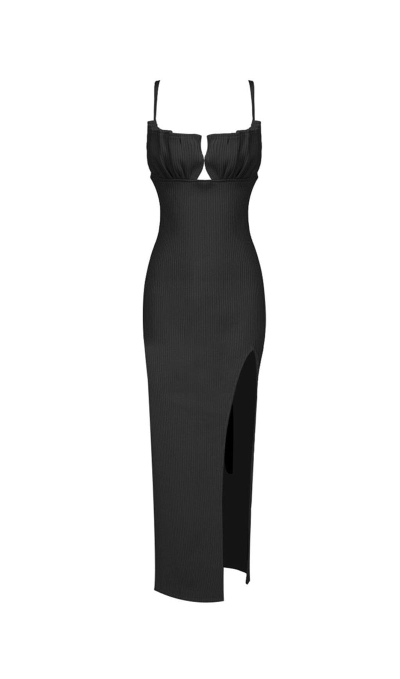 KNIT DRESS WITH SEASHELLS BREAST AND HIGH SLIT BLACK
