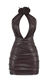 CUT OUT HALTER MINI DRESS IN CHOCOLATE