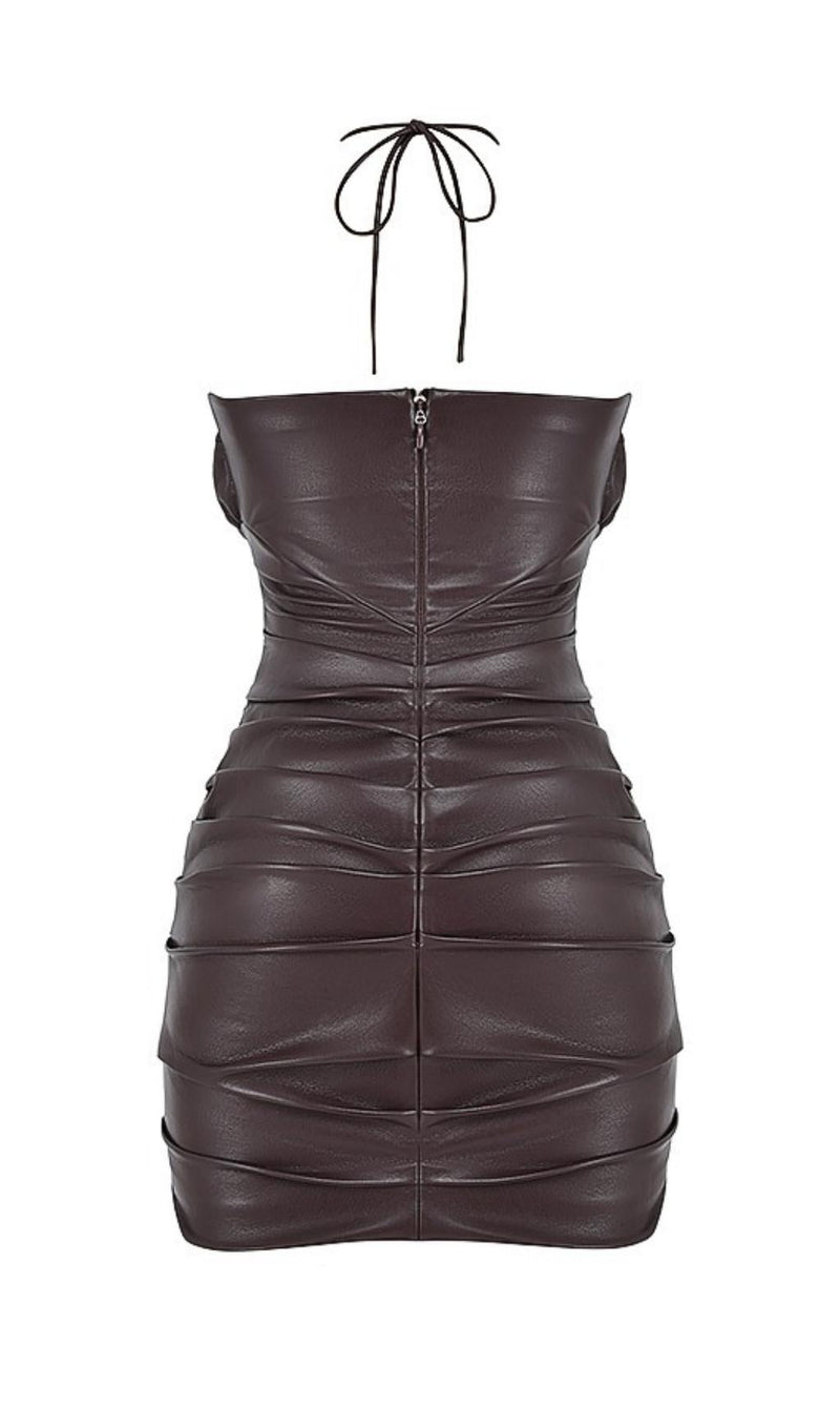 CUT OUT HALTER MINI DRESS IN CHOCOLATE