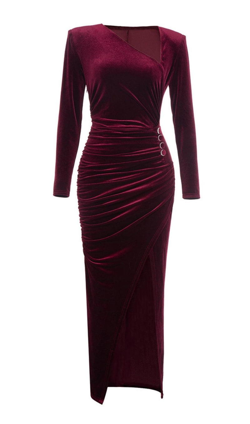 LONG SLEEVES RUCHED MIDI DRESS IN RED
