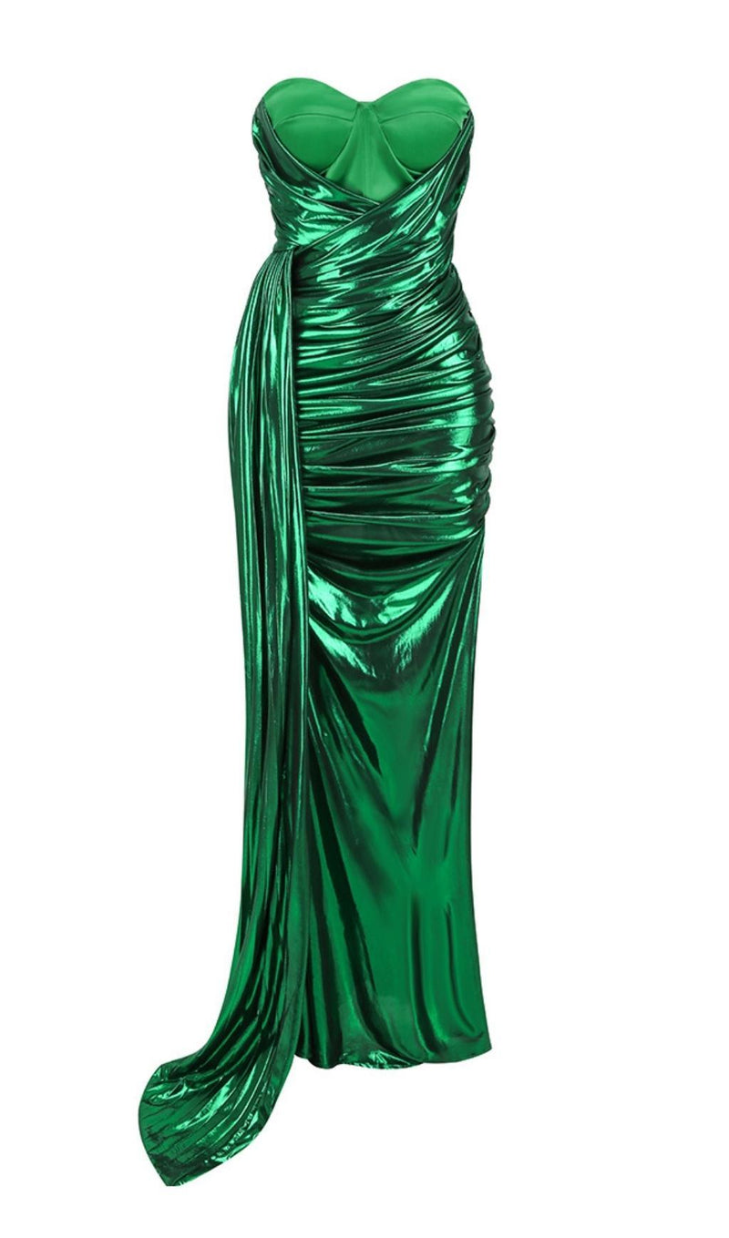 RUCHED STRAPLESS MAXI DRESS IN GREEN