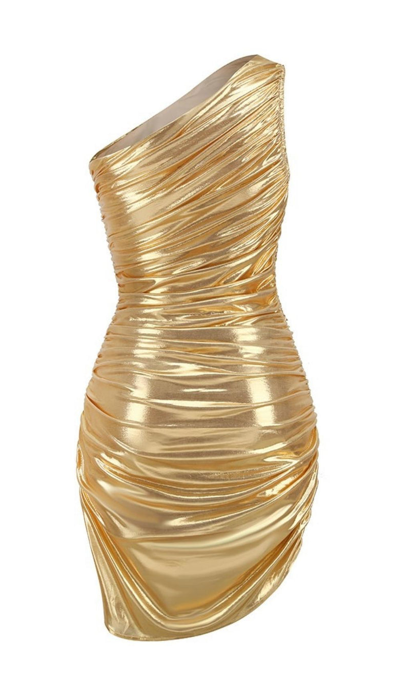 ONE SHOULDER RUCHED MINI DRESS IN GOLD