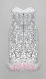 STRAPLESS SEQUIN FEATHER MIDI DRESS IN SILVER