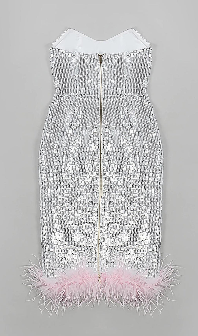 STRAPLESS SEQUIN FEATHER MIDI DRESS IN SILVER
