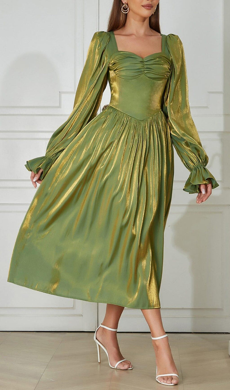 GREEN LOW-CUT PUFF SLEEVE PLEATED LOOSE DRESS