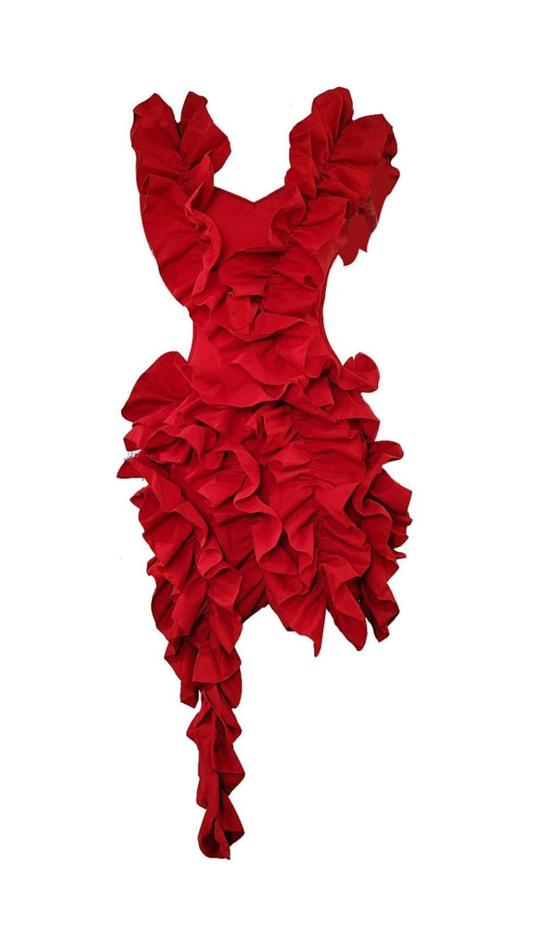 CUTOUT RUFFLE TIERED DRESS IN RED