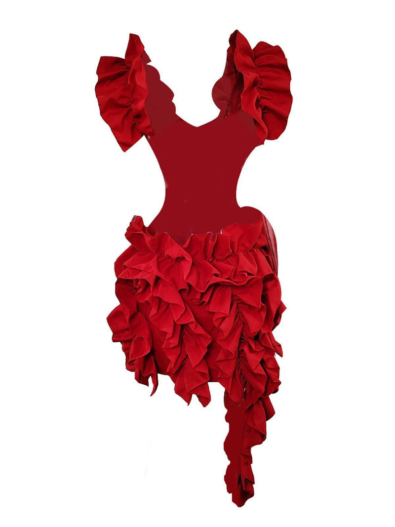 CUTOUT RUFFLE TIERED DRESS IN RED