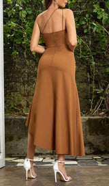BROWN ONE SHOULDER SLEEVELESS CASUAL DRESS