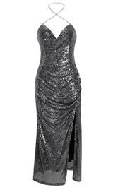 MIDI DRESS WITH SEQUINS SLITS IN SLIVER