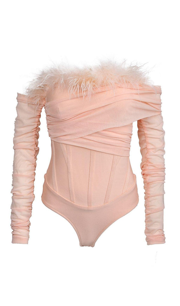 FEATHER BODYSUIT IN BLUSH PINK