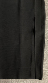 BLACK OFF SHOULDER FEATHERS MAXI BANDAGE DRESS