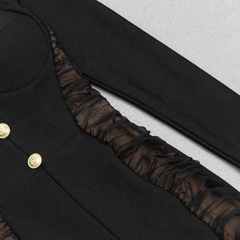 BLACK MESH PATCHWORK BUTTON-EMBELLISHED DRESS