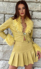YELLOW FLUFFY COLLARED LONG SLEEVE BUCKLE FRONT LEATHER JACKET