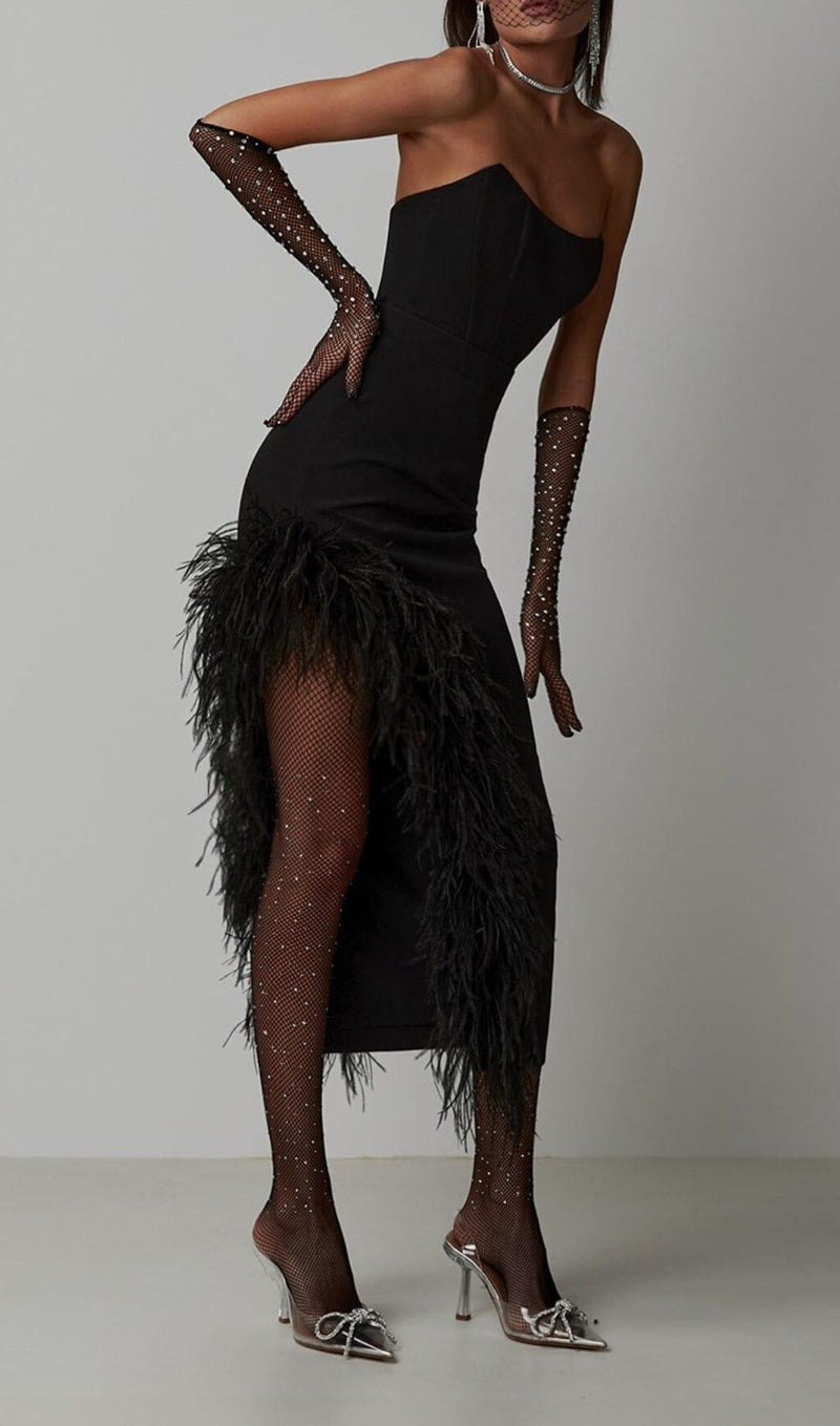 FEATHER HIGH-LOW DRESS IN BLACK