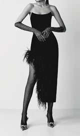 FEATHER HIGH-LOW DRESS IN BLACK