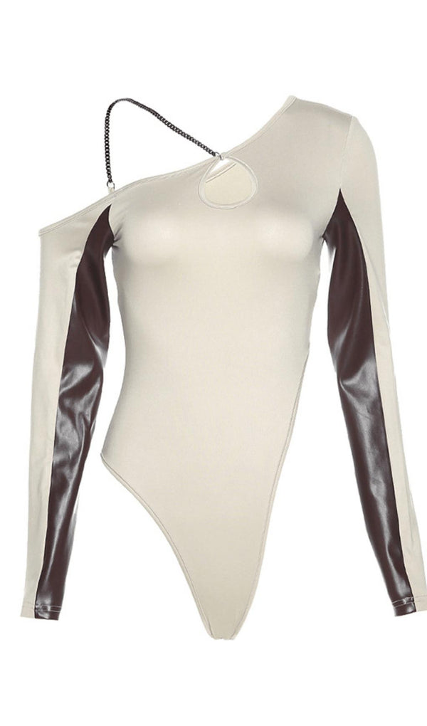 Diagonal sleeve leather bodysuit