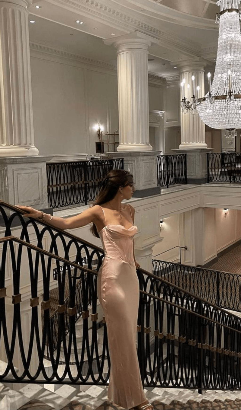 Pink satin suspender elegant dress