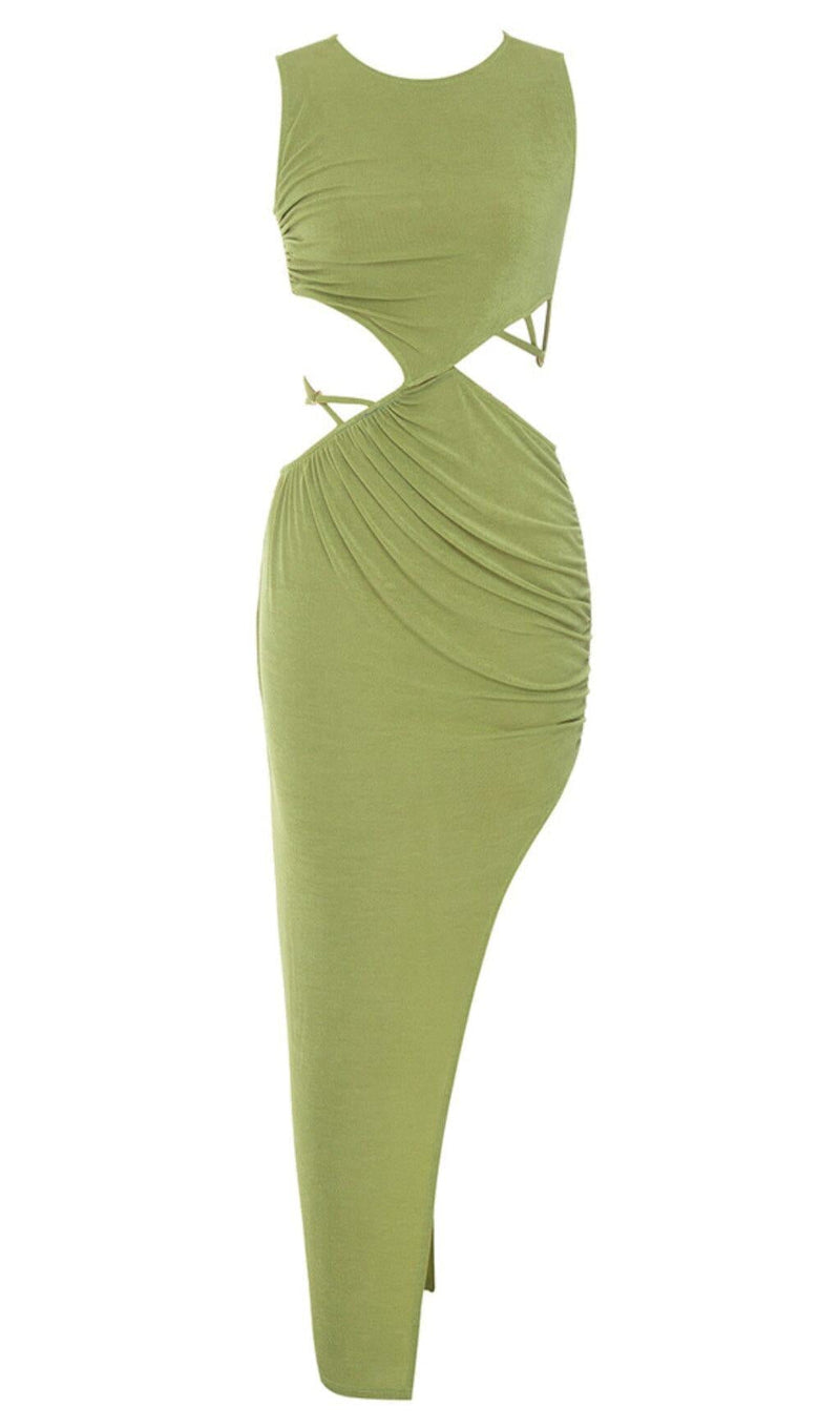 CUT OUT RUCHED MIDI DRESS IN GREEN