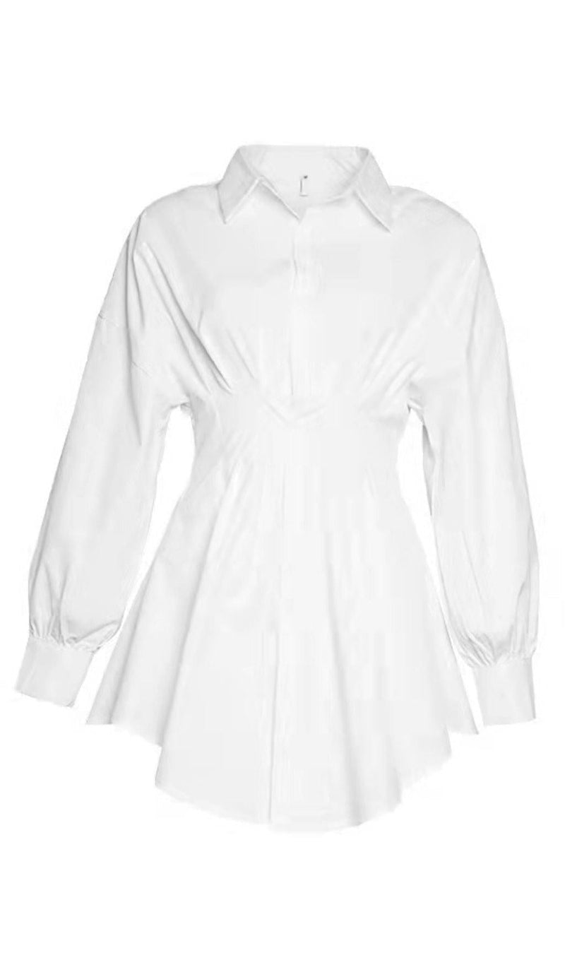 WHITE CINCHED WAIST SHIRT DRESS