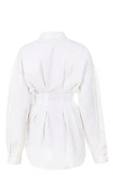 WHITE CINCHED WAIST SHIRT DRESS