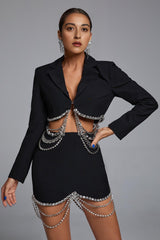 Two-piece suit with rhinestone chain