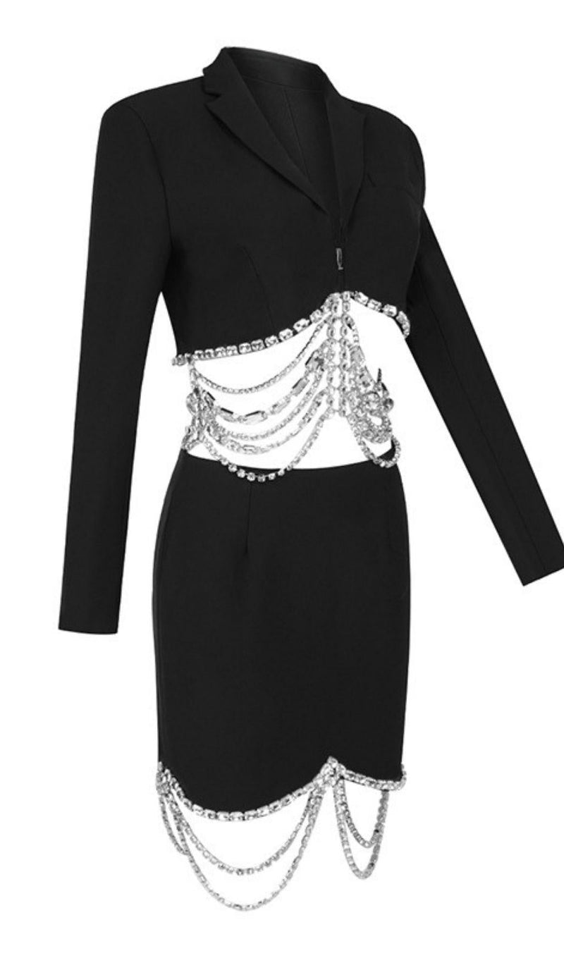Two-piece suit with rhinestone chain