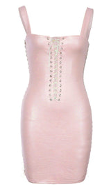 EYELET LACE UP BODYCON DRESS IN PINK