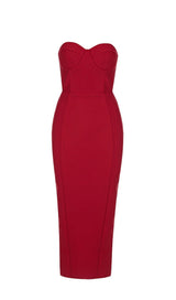 CUT OUT SPLIT STRAPLESS BANDAGE MIDI DRESS IN RED