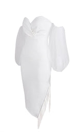 STRAPLESS PUFF SLEEVE CRYSTAL MIDI DRESS IN WHITE