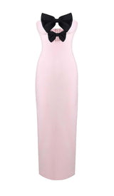 BOW-EMBELLISHED SATIN MIDI DRESS IN PINK