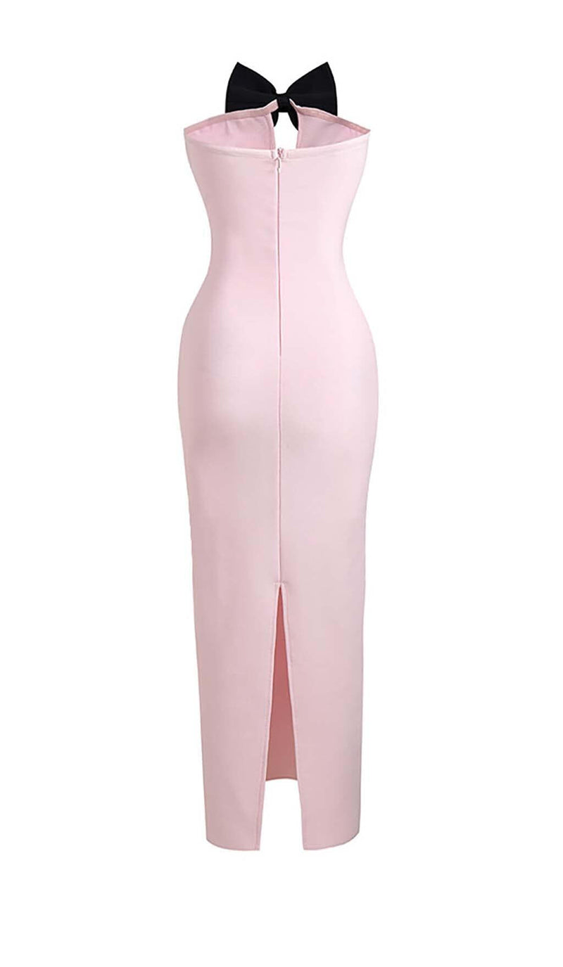 BOW-EMBELLISHED SATIN MIDI DRESS IN PINK