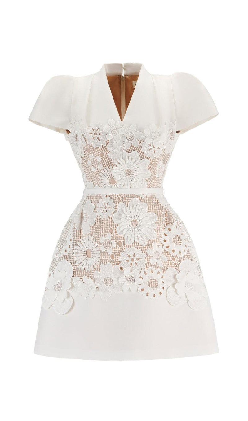 LACE HOLLOW OUT FLOWER MINI DRESS IN WHITE