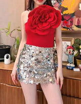 EXAGGERATED 3D FLOWER BODYSUIT IN RED