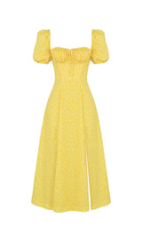 VINTAGE FLORAL PUFF SLEEVE MIDI DRESS IN YELLOW